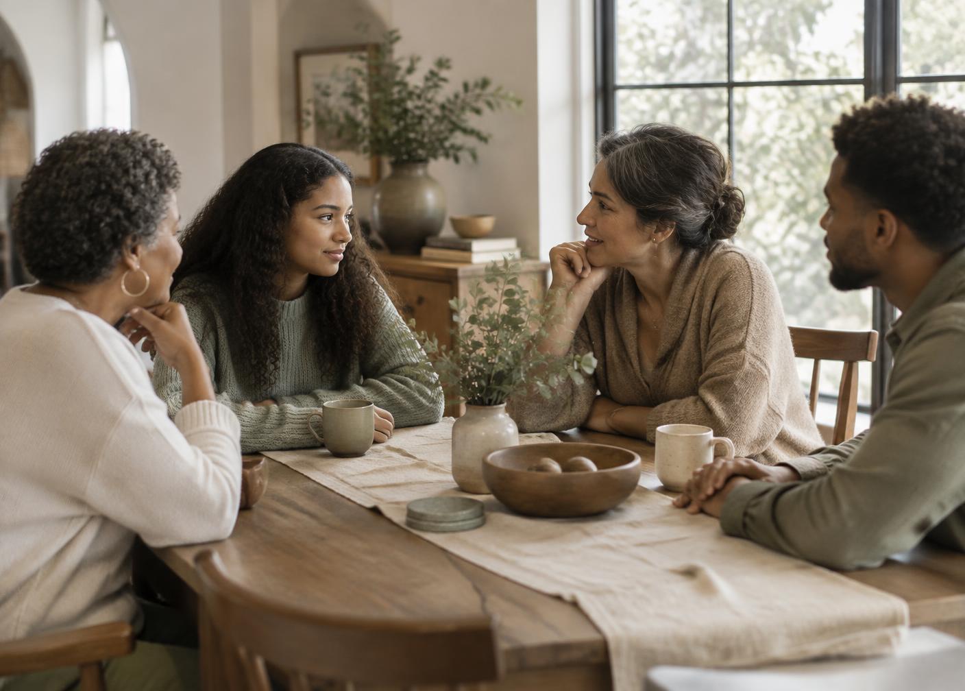 A multigenerational family talks around a dining table