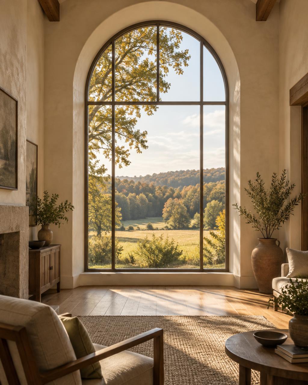 A sunlit room with a tall arched window overlooking woodland and a meadow