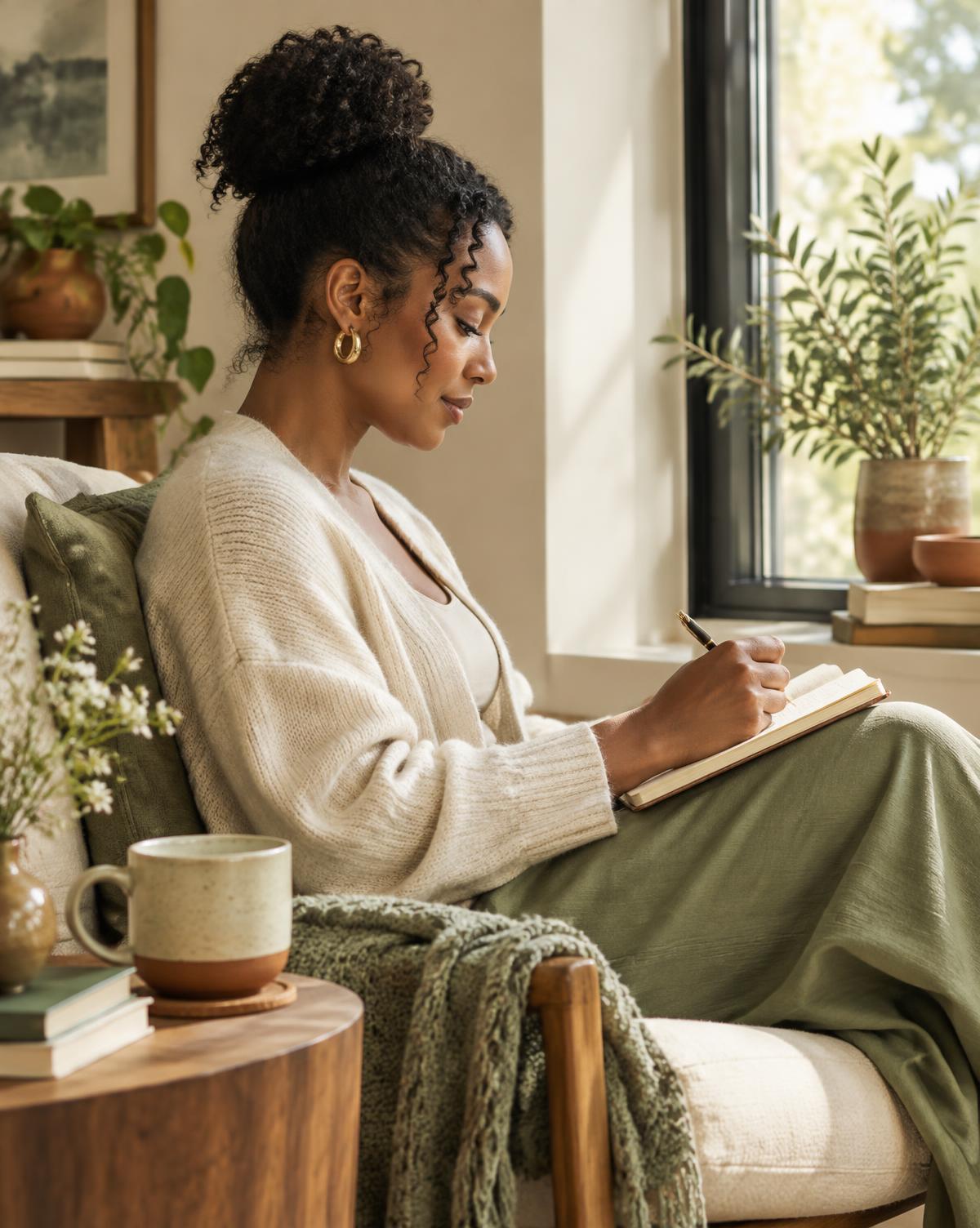 A woman journals quietly beside a sunlit window